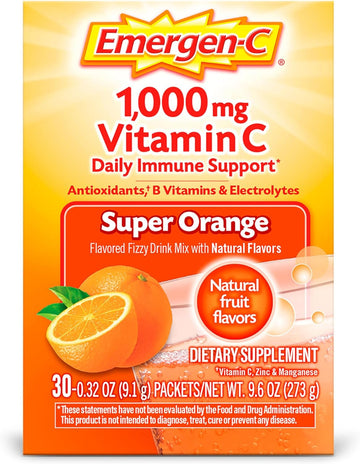 Emergen-C 1000mg Vitamin C Powder for Daily Immune Support Caffeine Free Vitamin C Supplements with Zinc and Manganese, B Vitamins and Electrolytes, Super Orange Flavor - 10 Count