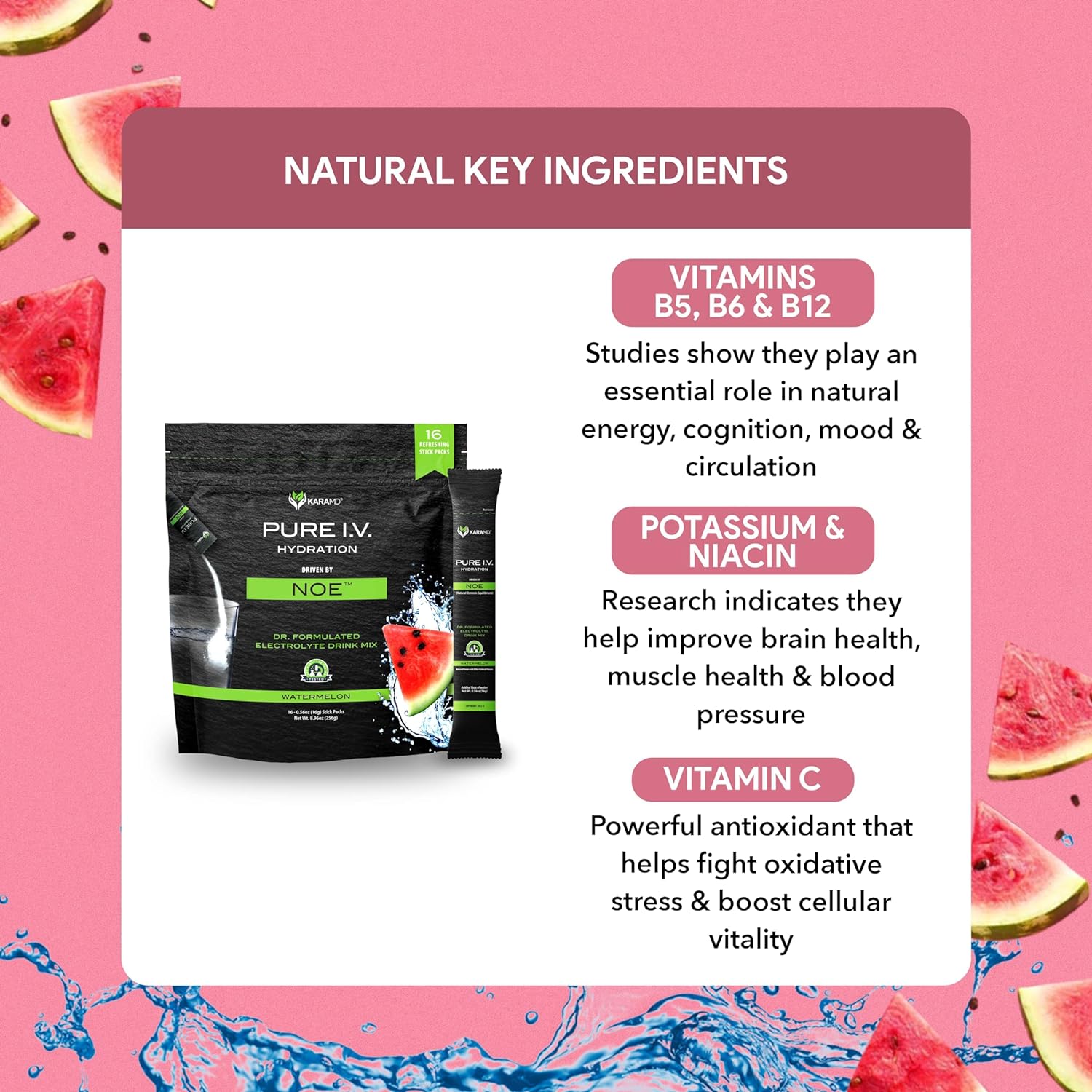 KaraMD Pure I.V. - Professionally Formulated Electrolyte Watermelon Powder Drink Mix – Refreshing & Delicious Hydrating Packets with Vitamins & Minerals – Watermelon - 1 Bag (16 Sticks) : Everything Else