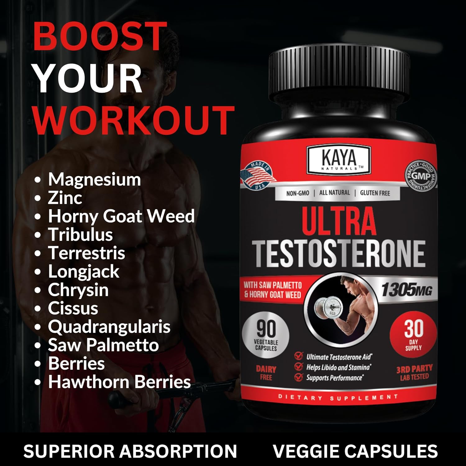 Kaya Naturals Ultra Testosterone Booster 90 Count : Health & Household