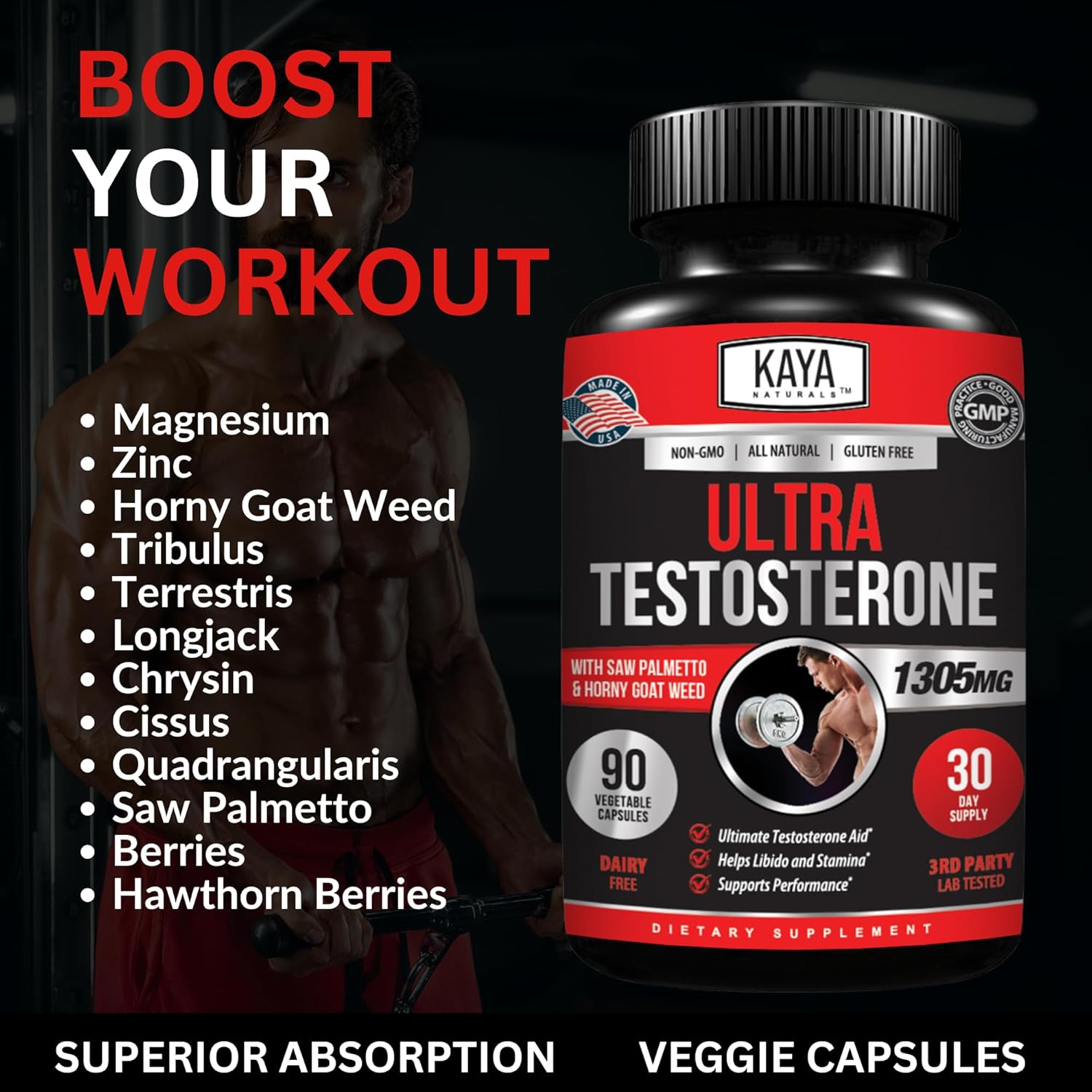 Kaya Naturals Ultra Testosterone - Men's Testosterone Booster with Tongkat Ali, Horny Goat Weed, Tribulus - Natural Workout Supplement for Energy, Stamina, and Strength Booster - 90 Count : Health & Household