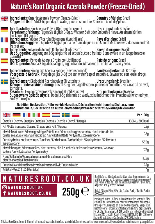 Natures Root Organic Raw Acerola Powder 60G - Vitamin C | Cherry Extract | Freeze Dried | Gmo Free