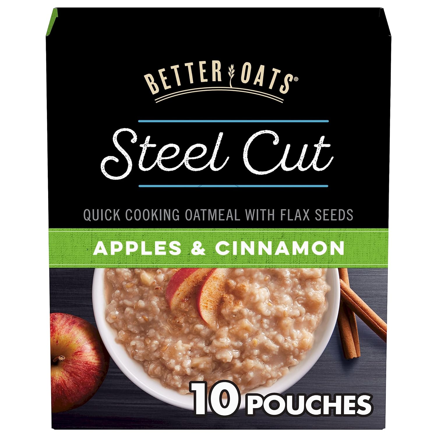 Better Oats Steel Cut Apples and Cinnamon Oatmeal Packets, Instant Steel Cut Oatmeal with Flax Seeds and Steel Cut Oats, Quick Oatmeal Pouches Ready in 2.5 Minutes, Pack of 6, 12.3 OZ Pack