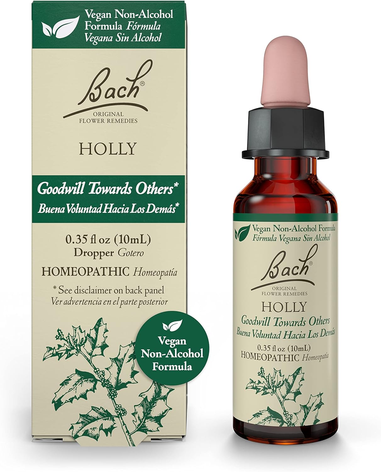 Bach Original Flower Remedies, Holly for Goodwill Towards Others (Non-Alcohol Formula), Natural Homeopathic Flower Essence, Holistic Wellness and Stress Relief, Vegan, 10mL Dropper