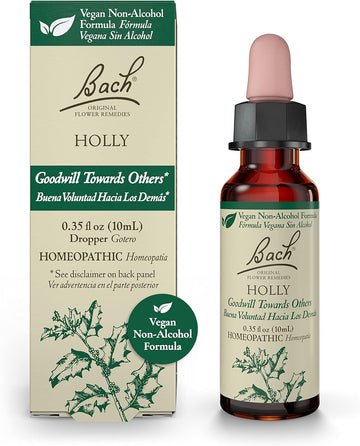 Bach Original Flower Remedies, Holly for Goodwill Towards Others (Non-Alcohol Formula), Natural Homeopathic Flower Essence, Holistic Wellness and Stress Relief, Vegan, 10mL Dropper