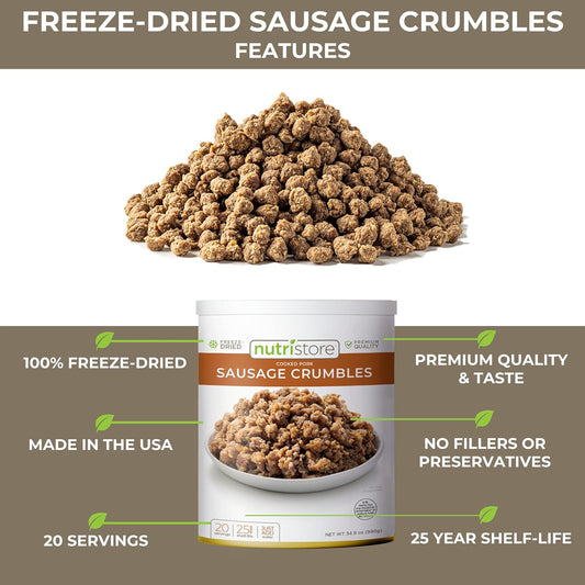 'Nutristore Freeze-Dried Sausage Crumbles (4-pack) | Emergency Survival Bulk Food Storage | Premium Quality Meat | Perfect for Lightweight Backpacking/Camping or Home Meals | USDA Inspected