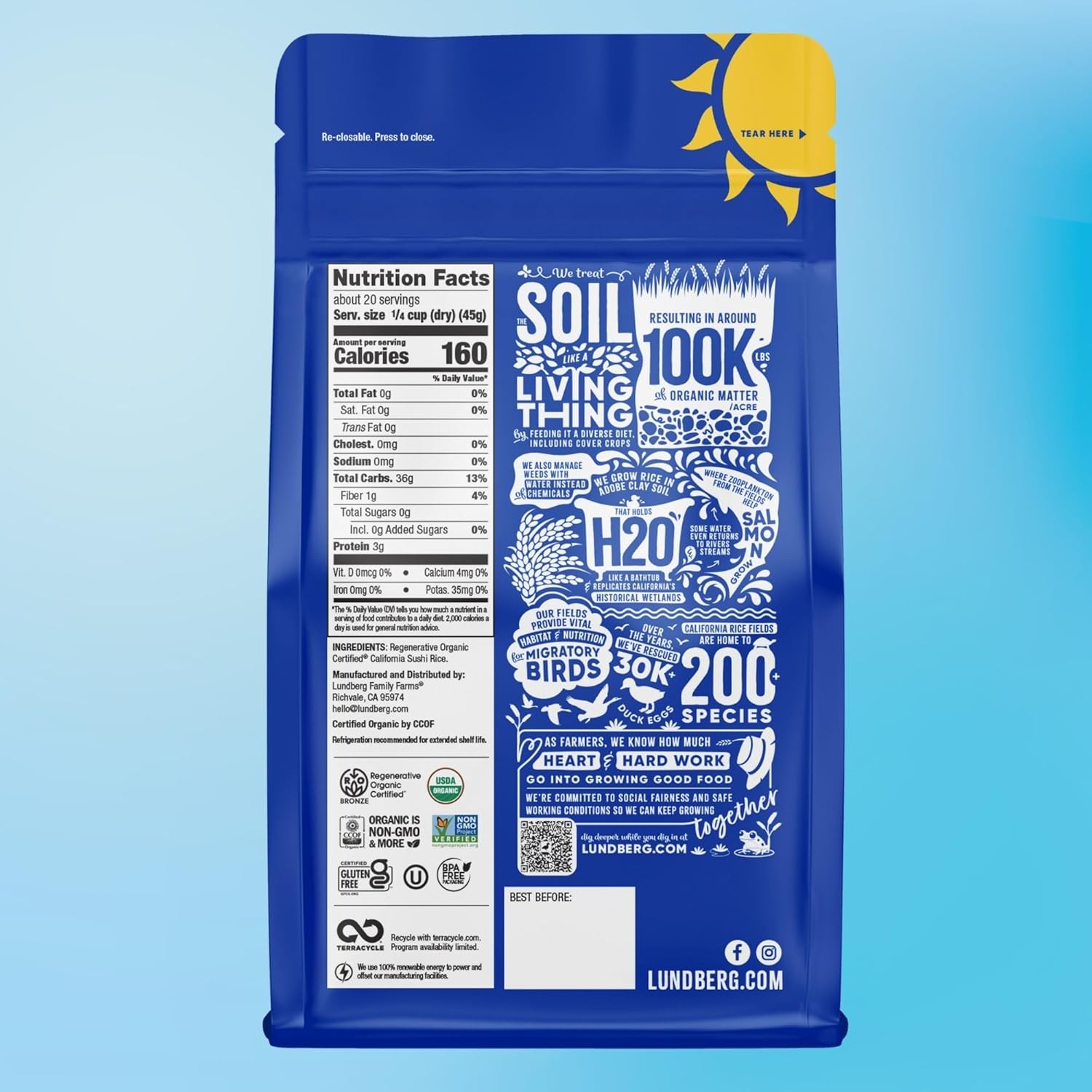Lundberg Organic Sushi Rice, Sticky White Japanese-Style California-Grown Short Grains, 64 Oz