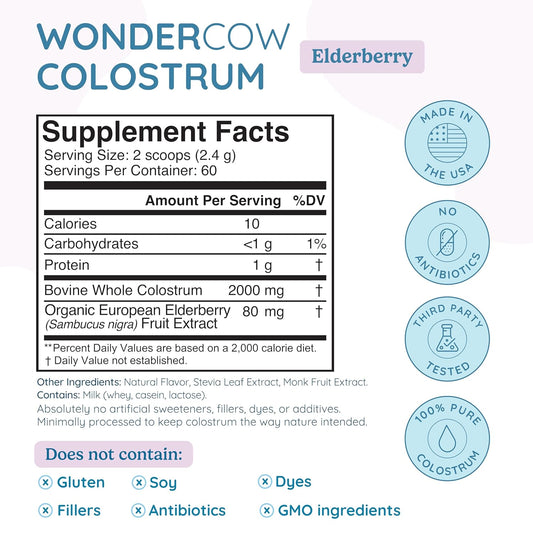 Wondercow Colostrum Supplement Powder For Gut Health, Immune Support, Muscle Recovery & Wellness | Natural Igg Pure Whole Bovine Colostrum Superfood, Elderberry, 60 Servings