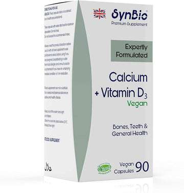 Synbio Premium - Calcium + Vitamin D3 | 90 Vegan Capsules For Enhanced Bone & Teeth Strength | Reduced Risk Of Osteoporosis | Free From Dairy, Gluten, Gelatine, Soya, Sugar | Halal & Kosher