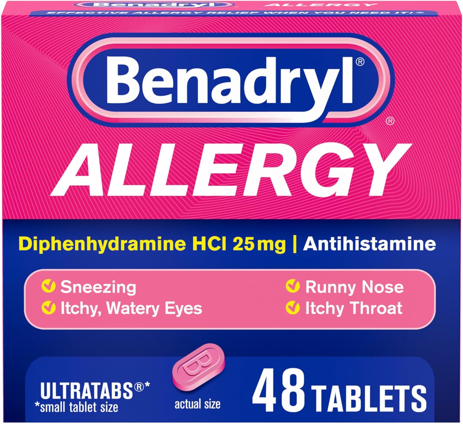 Benadryl Ultratabs Antihistamine Allergy Relief Medicine, 25 Mg Diphenhydramine Hcl Tablets For Relief Of Cold & Allergy Symptoms Such As Sneezing, Runny Nose, & Itchy Eyes & Throat, 48 Ct