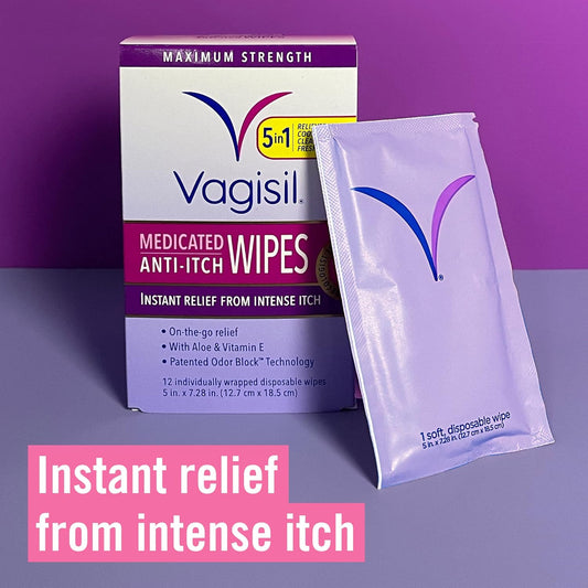 Vagisil Anti-Itch Medicated Feminine Intimate Wipes For Women, Maximum Strength, Gynecologist Tested, 12 Wipes (Pack Of 3)