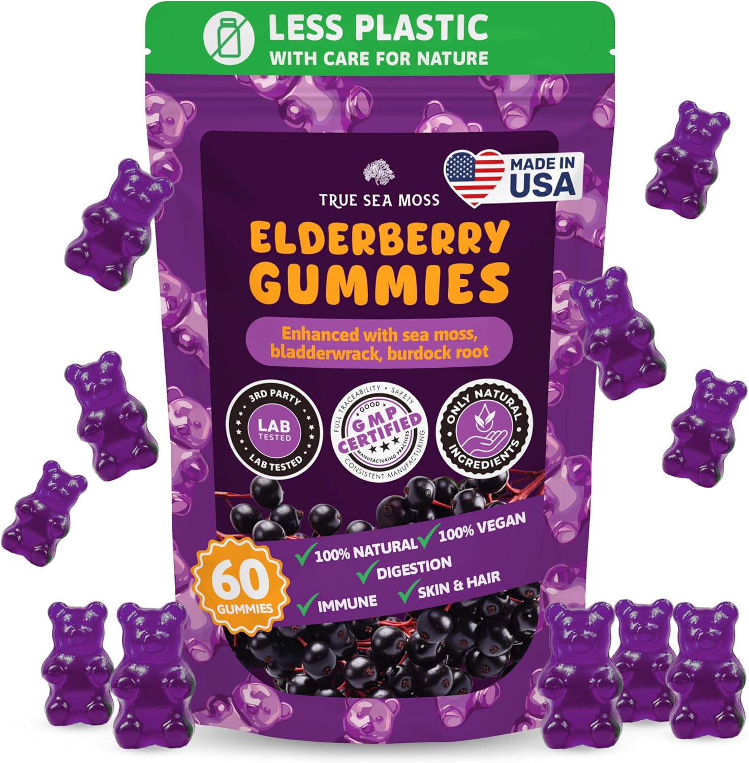 Sea Moss Elderberry Gummies For Adults & Kids - Magnesium, Burdock Root & Bladderwrack – Supports Immune, Boost Energy, Skin & Hair Health, Detox – Made In Usa - 60 Vegan Gummies