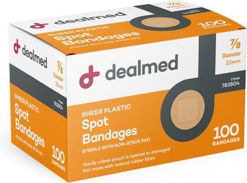 Dealmed Sheer Plastic Spot Bandages – 7/8” Small Round Sterile Strips, Adhesive Outer With Non-Stick Pad, Latex Free, Wound Care For First Aid Kit, 100 Per Box (1 Pack)