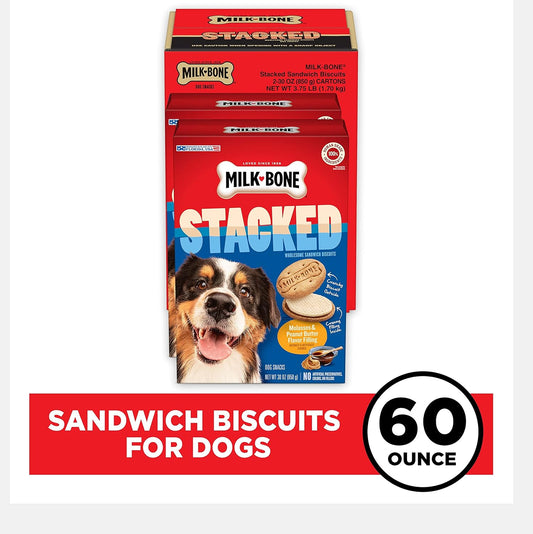 Milk-Bone Stacked Dog Treats, 30 Ounce (Pack Of 2), Crunchy Biscuit With Molasses And Peanut Butter Creamy Filling