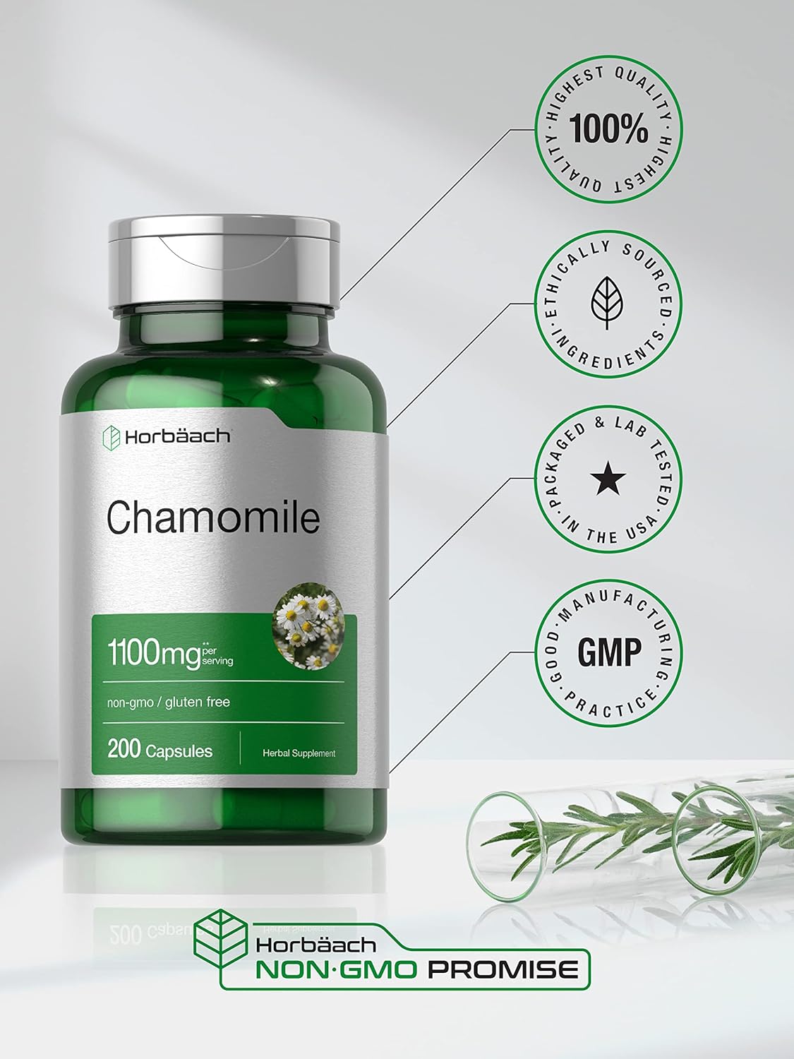 Horbäach Chamomile Flower 1100mg | 200 Capsules | Non-GMO, Gluten Free Supplement : Health & Household