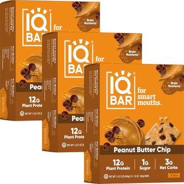 Iqbar Brain And Body Plant Protein Bars - Peanut Butter Chip - 36 Count, Low Carb, High Fiber, Gluten Free, Vegan Snacks - Low Sugar Keto Energy Bars