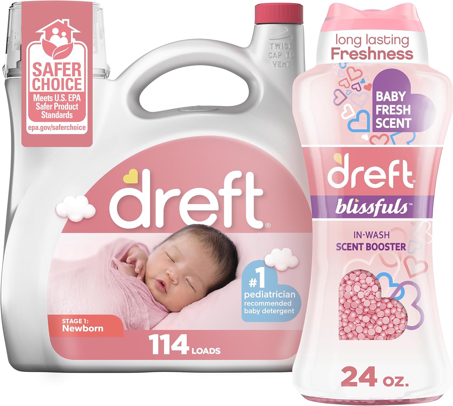 Bundle Of Dreft Stage 1: Newborn Baby Liquid Laundry Detergent 114 Loads 165 Fl Oz + Blissfuls In-Wash Scent Booster Beads, Baby Fresh Scent, 24 Oz