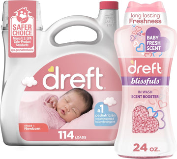 Bundle Of Dreft Stage 1: Newborn Baby Liquid Laundry Detergent 114 Loads 165 Fl Oz + Blissfuls In-Wash Scent Booster Beads, Baby Fresh Scent, 24 Oz