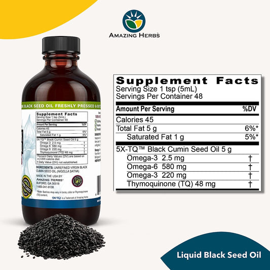 Amazing Herbs Premium Black Seed Oil - Cold Pressed Nigella Sativa Aids in Digestive Health, Immune Support, Brain Function, Joint Mobility, Gluten Free, Non GMO - 8 Fl Oz