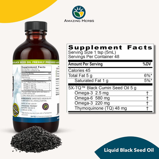 Amazing Herbs Premium Black Seed Oil - Cold Pressed Nigella Sativa Aids In Digestive Health, Immune Support, Brain Function, Joint Mobility, Gluten Free, Non Gmo - 8 Fl Oz