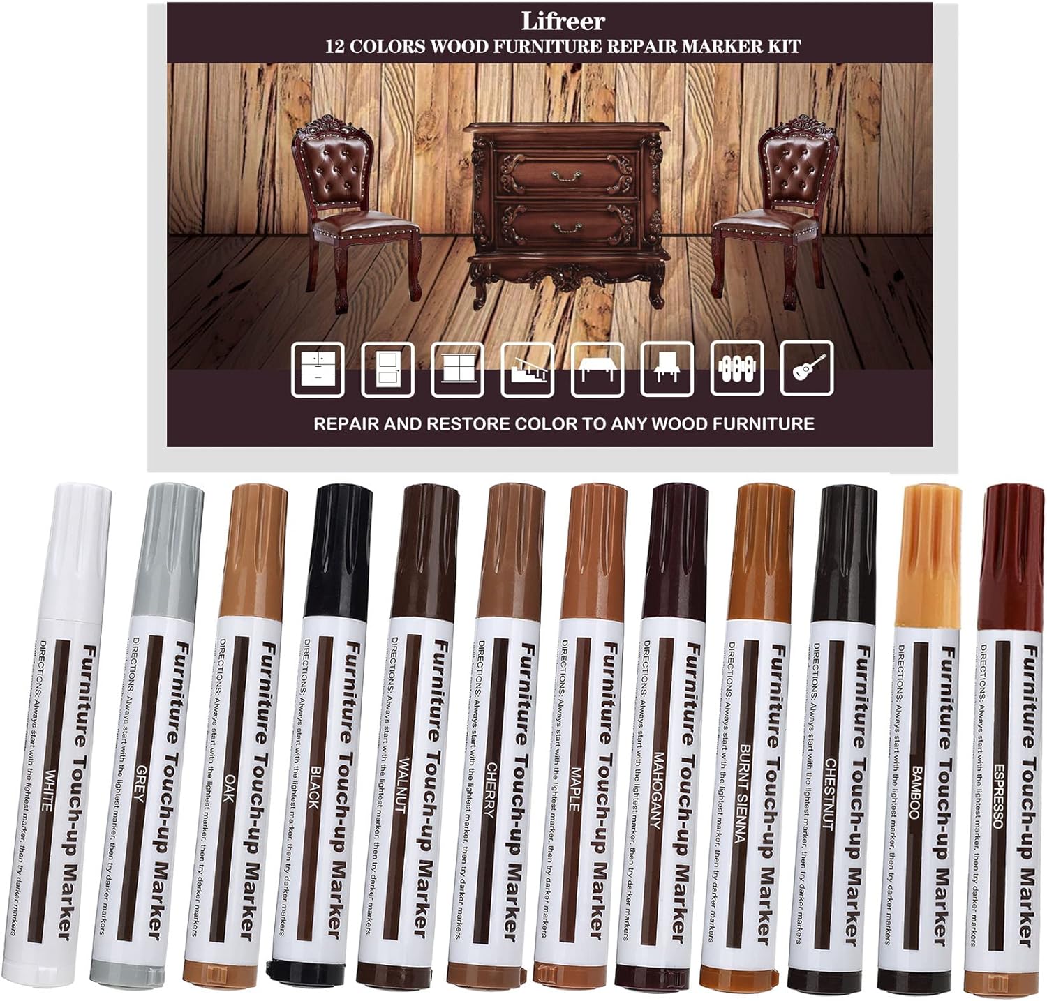 Lifreer Revolutionary Furniture Touch Up Markers, 12 Colors Wood Scratch Repair Markers Kit - Perfect for Stains, Scratches, Wood Floors, Tables, and Bedposts - Easy to Use and Long-Lasting Results!