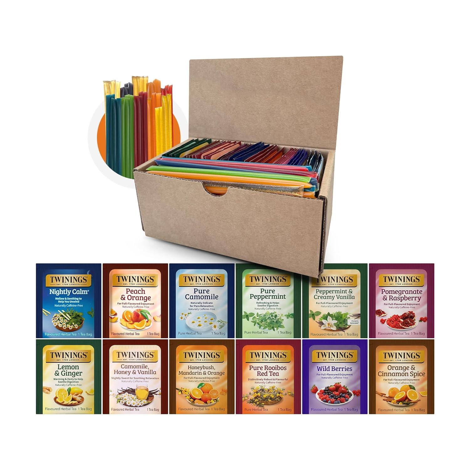 Twinings 48 Tea Bags Herbal Variety Pack, Bundle With 20 Flavored Honey Sticks – 12 Flavors Caffeine-Free Individually Wrapped Teas For Gift Basket, Office, Lobby Refreshments