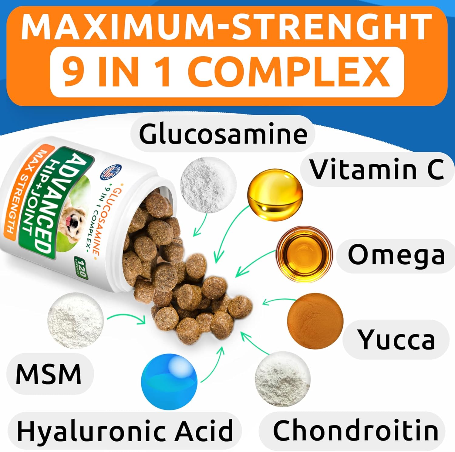 Senior Advanced Glucosamine + Glucosamine w/Hemp Bundle - Old Dog Joint Pain Relief + Natural Joint Pain Relief - Supplement w/MSM, Chondroitin, Omega-3 + Hemp Oil - 120 + 120 Chews - Made in USA : Pet Supplies