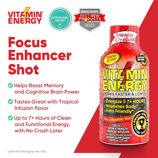 (24 Pack) Vitaminenergy™ Keto Energy Shot, Focus+, Zero Sugar Energy Shot Vitamin Drink, Energy Lasts Up To 7+ Hours, Packed With Bcaas & Coq10, Keto-Friendly, 0 Sugar, Focus+, Each 1.93 Fl Oz