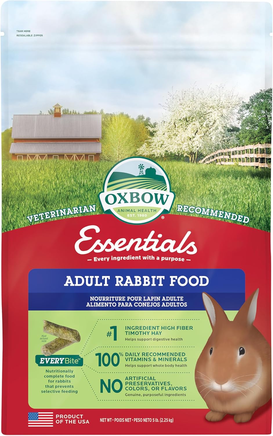 Oxbow Essentials Adult Rabbit Food - All Natural Adult Rabbit Pellets - Veterinarian Recommended- No Artificial Ingredients- All Natural Vitamins & Minerals- Made In The Usa- 5 Lb