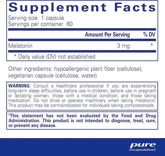 Pure Encapsulations Melatonin 3 Mg - Antioxidant Supplement To Support Natural Sleeping & Relief Of Occasional Sleeplessness - For Natural Sleep Support* - 60 Capsules