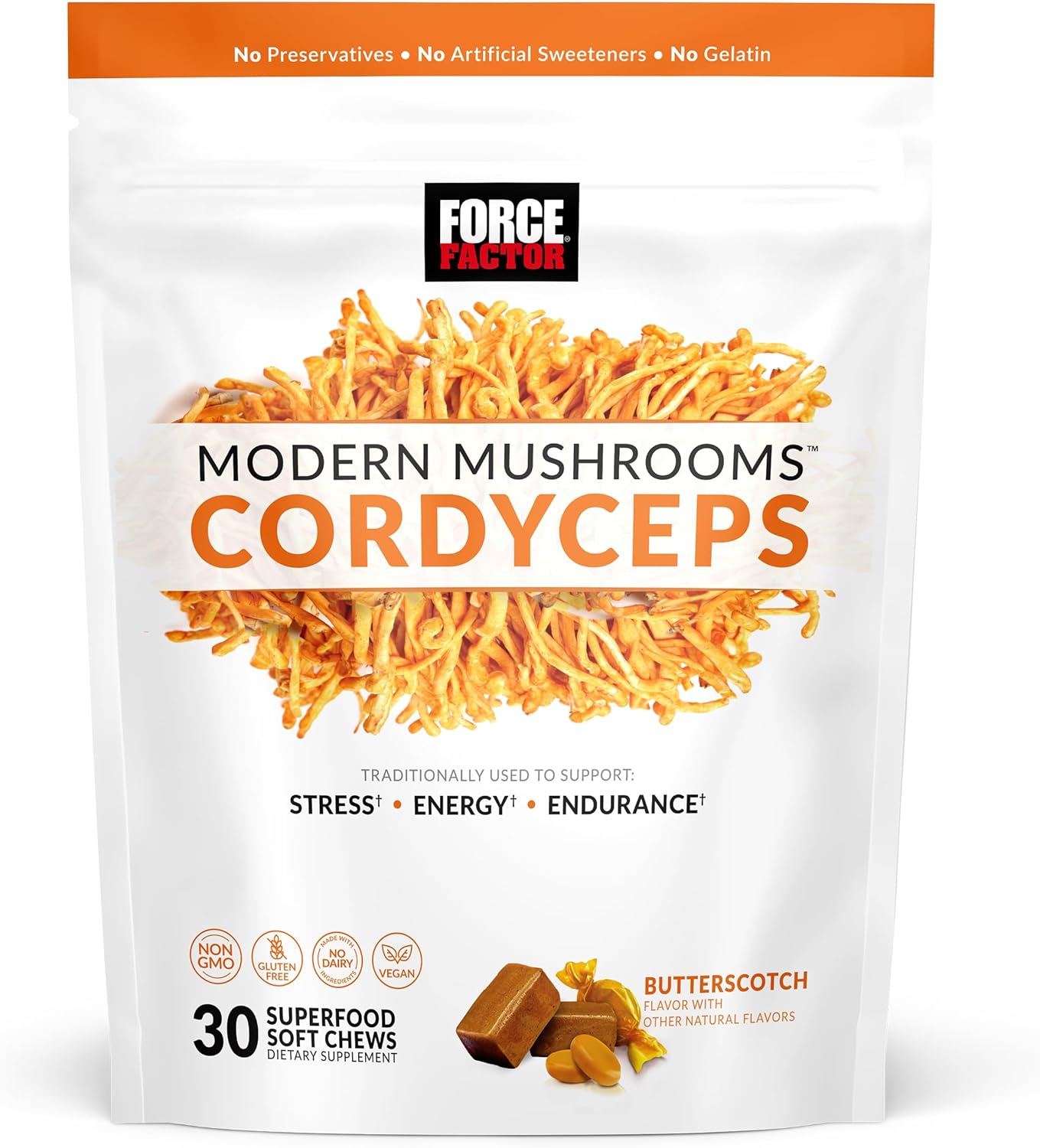 FORCE FACTOR Modern Mushrooms Soft Chews, Cordyceps Mushroom Supplement to Support Stress Relief, Energy, and Vitality, Antioxidants Supplement, Delicious Butterscotch Flavor, 30 Soft Chews