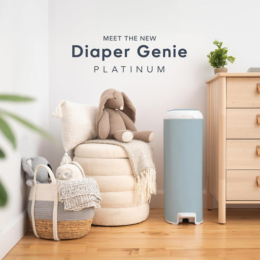 Diaper Genie Platinum Pail (Glacial Blue) Is Made In Durable Stainless Steel And Includes 1 Easy Roll Refill With 18 Bags That Can Last Up To 5 Months