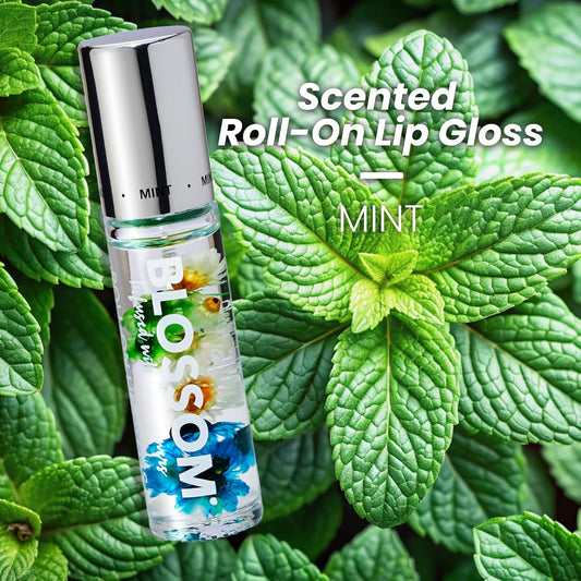 Blossom Roll On Lip Gloss, Scented Clear High Shine Moisturizing Lip Oil, Non Sticky, Infused With Real Flowers, Made In Usa, 0.2Oz, Strawberry Rainbow