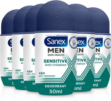 Sanex Men Sensitive Antiperspirant Roll-On Deodorant 6X50Ml - 48 Hour Sweat Protection - Odour-Fighting Formula - Slows Down Odour Release - Gentle On Skin - 0% Alcohol