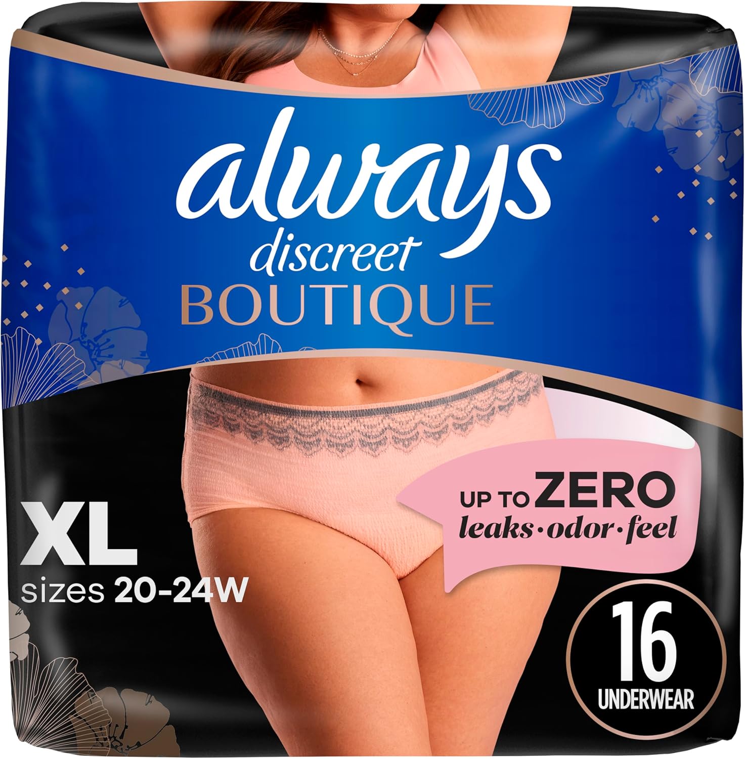 Always Discreet Boutique Adult Incontinence And Postpartum Underwear For Women, Maximum Protection, Xl, Rosy, 16 Count (Packaging May Vary)