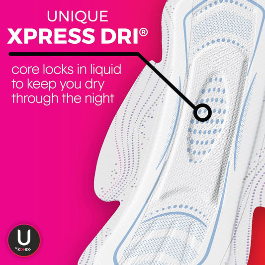 U By Kotex Teen Ultra Thin Feminine Pads With Wings, Overnight, Unscented, 24 Count (Pack Of 2)