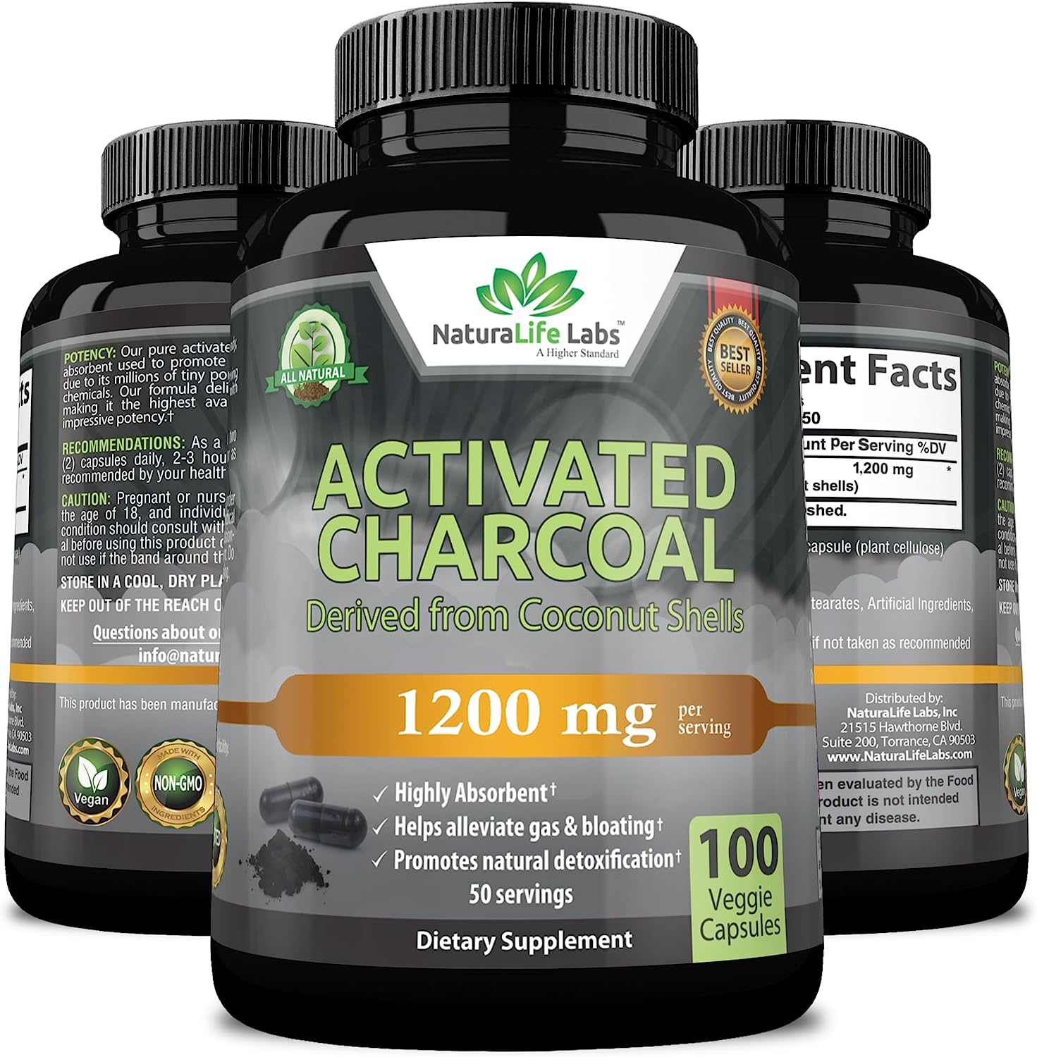 Activated Charcoal Capsules - 1,200 mg Highly Absorbent Helps Alleviate Gas & Bloating Promotes Natural detoxification Derived from Coconut Shells - per Serving - 100 Vegan Capsules : Health & Household