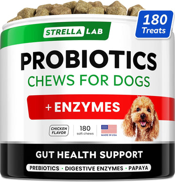 Strellalab Dog Probiotics Treats For Picky Eaters (180Ct) - Digestive Enzymes + Prebiotics - Chewable Fiber Supplement - Allergy, Diarrhea, Gas, Constipation, Upset Stomach Relief - Digestion&Immunity