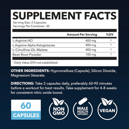 L Arginine Nitric Oxide Supplement | Male Health Nitric Oxide LArginine Capsules | L-Arginine L-Citrulline Complex with Beet Root for NO Boost | Nitric Oxide Flow 30-Days of Endurance & Performance