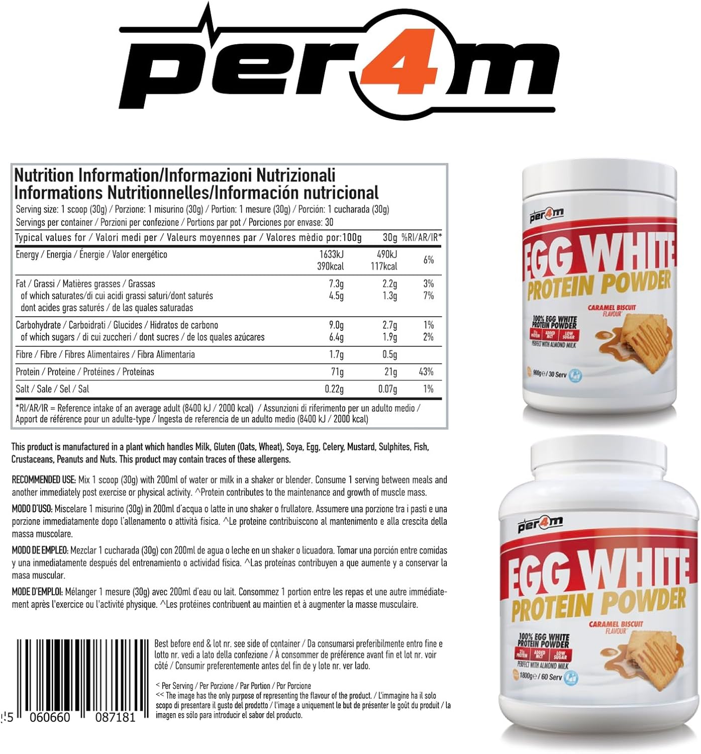 Per4m 100% Pure Free Range Egg White Protein Powder | 30 Servings High Protein Shake with Added MCT | Gut Friendly and Lactose-Free | with Essential Amino Acids (900g, Caramel Biscuit) : Amazon.co.uk: Health & Personal Care