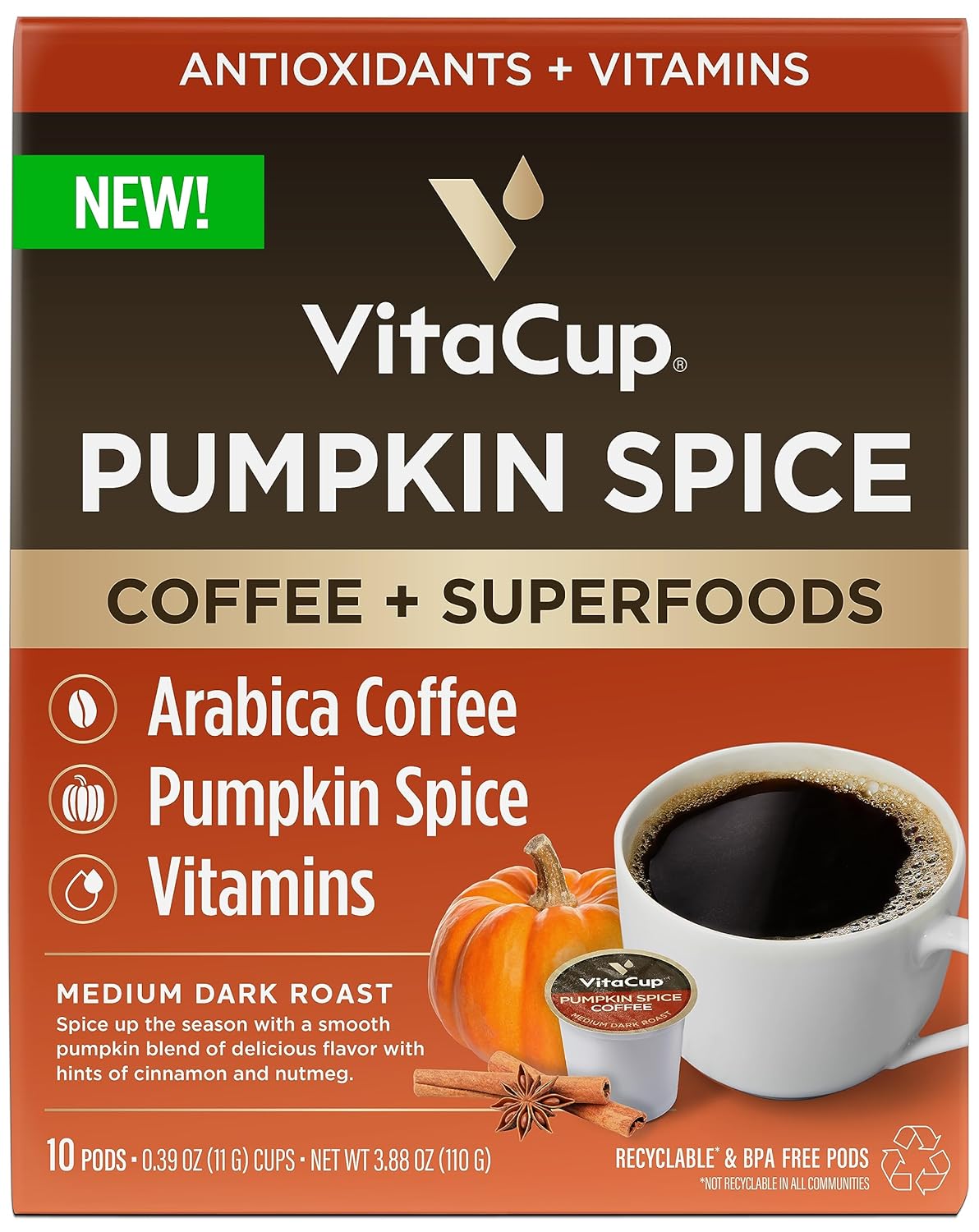 Vitacup Pumpkin Spice Coffee Pods, With Antioxidants, Vitamins, Medium Dark Roast 100% Arabica Coffee, Recyclable Single Serve Pods Compatible With Keurig K-Cup Brewers,10Ct