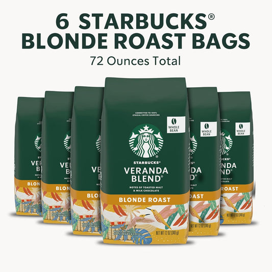 Starbucks Whole Bean Coffee—Starbucks Blonde Roast Coffee—Veranda Blend—100% Arabica—6 bags (12 oz each)