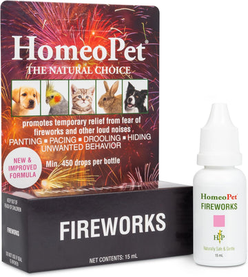Homeopet Fireworks, Safe And Natural Loud-Noise-Anxiety Calming Supplement For Cats, Dogs, And Other Small Animals, 15 Milliliters