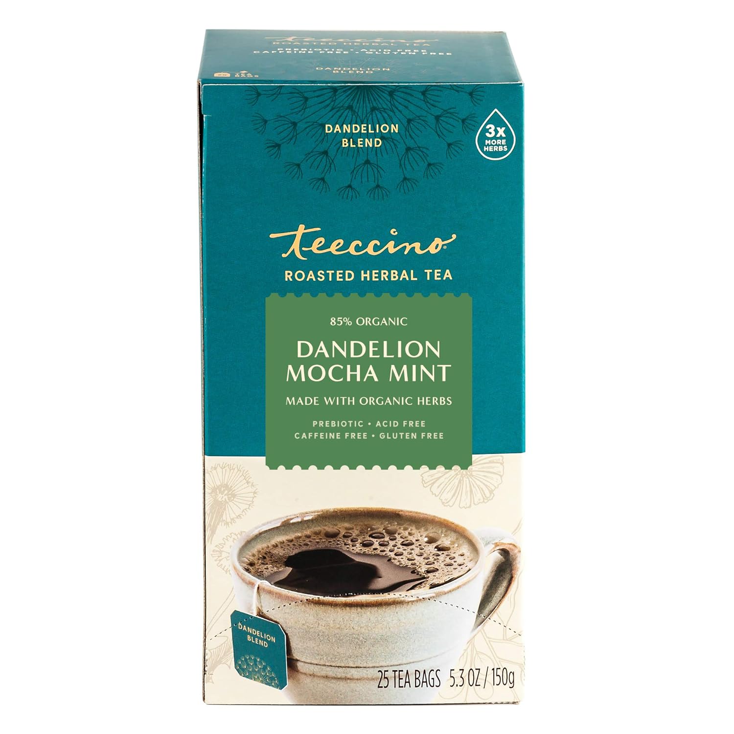 Teeccino Dandelion Mocha Mint Tea - Caffeine Free, Roasted Herbal Tea With Prebiotics, 3X More Herbs Than Regular Tea Bags, Gluten Free - 25 Tea Bags