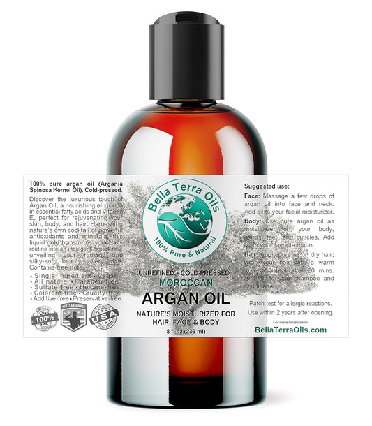 Bella Terra Oils - Argan Oil 8 oz - Pure Moroccan Elixir, Enhances Shine in Hair, Deeply Nourishes Skin, Perfect Oil for Curly Hair
