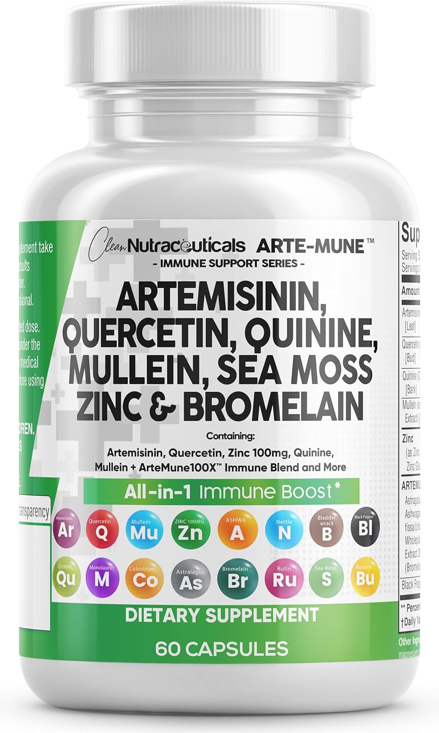 Clean Nutraceuticals Artemisinin 2500Mg Quercetin 1000Mg Zinc 100Mg Mullein Quinine Supplement With Sea Moss Bromelain Ashwagandha Root Nettle Leaf Bladderwrack Burdock Root Monolaurin Colostrum Rutin