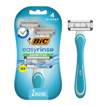BIC EasyRinse Sensitive Anti-Clogging Men's Disposable Razors, Clinically Proven for Sensitive Skin, Shaving Razors With 4 Blades, 2 Count