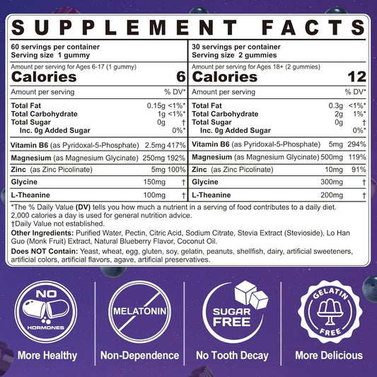 Magnesium Glycinate Gummies 500Mg/250Mg For Adults & Kids 6+, Sugar Free Calm Magnesium Gummies With L Theanine, B6, Glycine, Zinc For Sleep, Calm, Relax Brain, Muscle, No Melatonin, Chewable