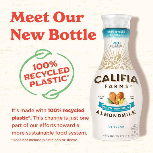 Califia Farms - Unsweetened Vanilla Almond Milk, 48 Oz, Dairy Free, Vegan, Plant Based, Keto, Gluten Free, Non Gmo, Sugar Free, High Calcium, Smoothie