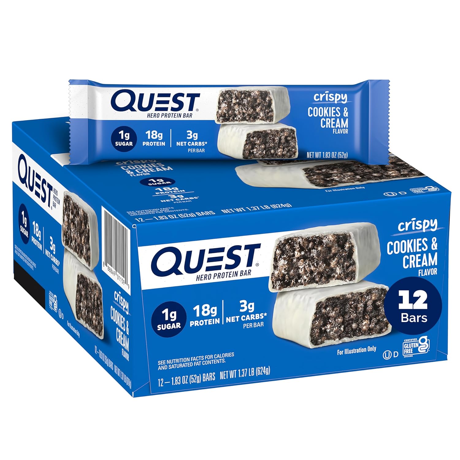 Quest Nutrition Crispy Cookies & Cream Hero Protein Bar, 18G Protein, 1G Sugar, 3G Net Carb, Gluten Free Protein Snack, Keto Friendly, 12 Count