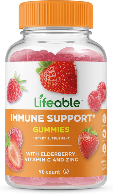 Lifeable Immune Support for Adults Gummies - with Elderberry, Vitamin C and Zinc - Great Tasting Natural Flavor Gummy Supplement - Gluten Free Vegetarian GMO-Free Chewable Vitamins - 90 Gummies